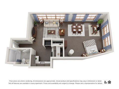 A 3D floor plan of a house with a kitchen, living room, and bathroom.